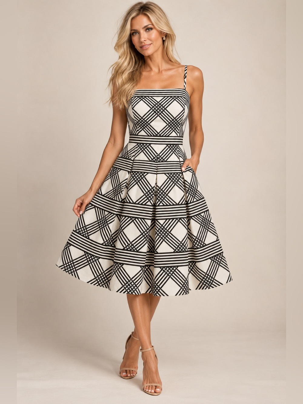 White House Black Market Black & White Plaid Midi Fit-and-Flare Dress